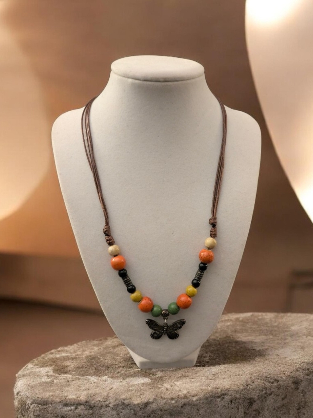 Boho Butterfly Pendant Necklace with Orange & Green Beads